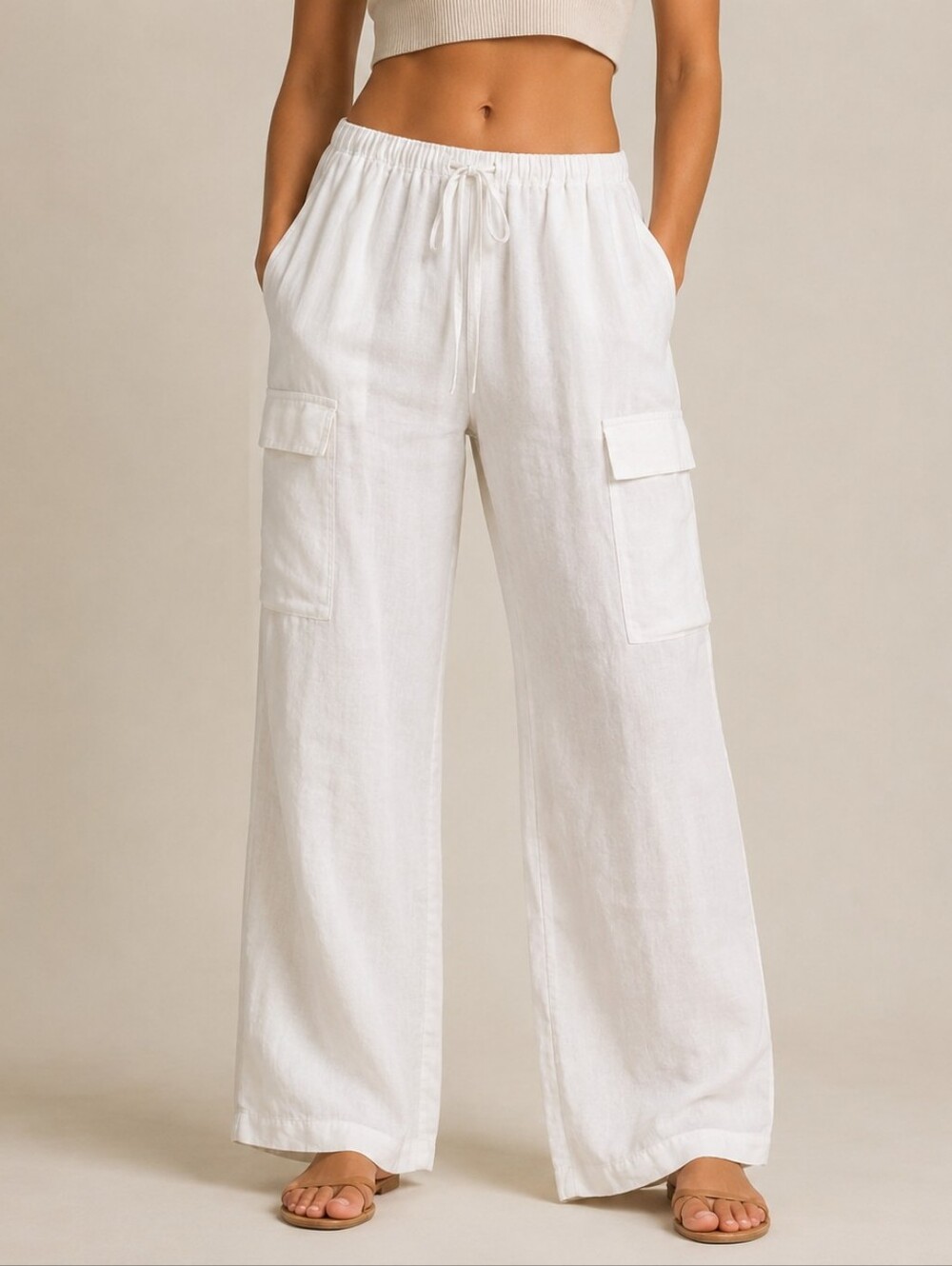 Linen Straight-Leg Cargo Pants  Size L